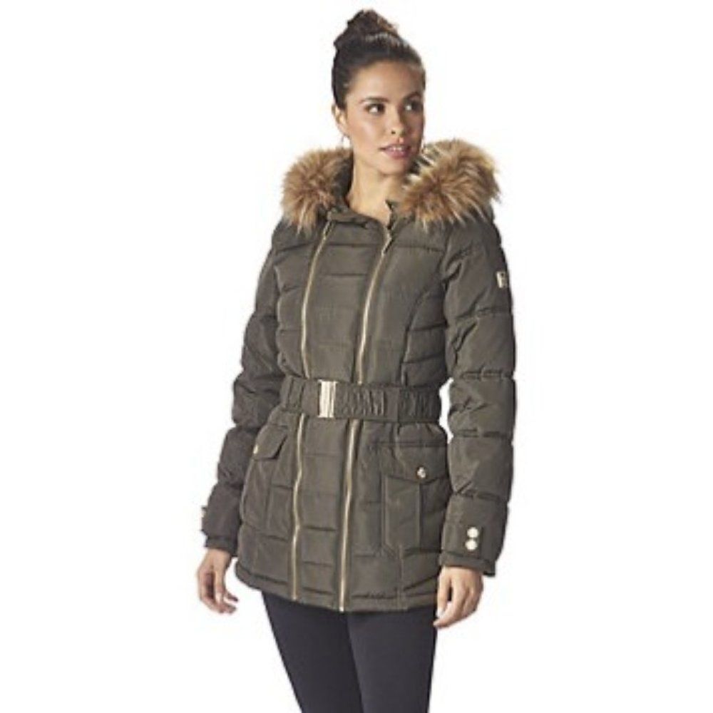 Rocawear Women's Plus Double-Zip Belted Hooded Puffer Jacket Size 1X